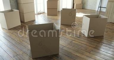 新家业主拆箱，新家大纸板箱.. 搬到新的公寓概念